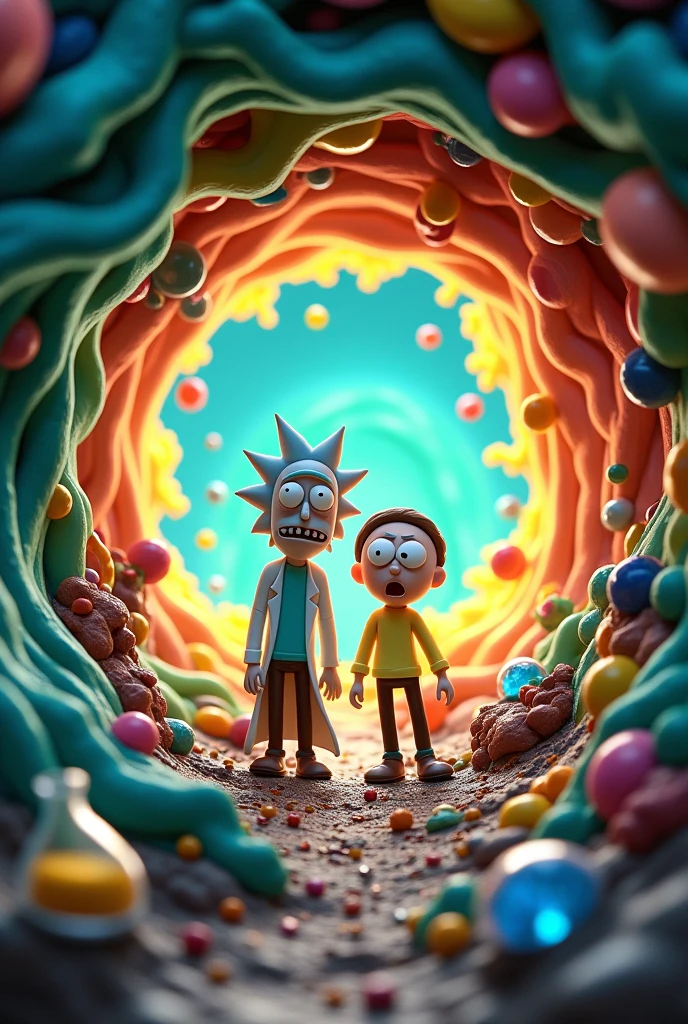 Affiche. Rick et Morty en pâte à modeler. Dans une faille temporelle. Tourbillons. Haute qualité. Détails époustouflant. Arrière plan colorés et détaillé. Nombreux objets et trésors. Fioles.