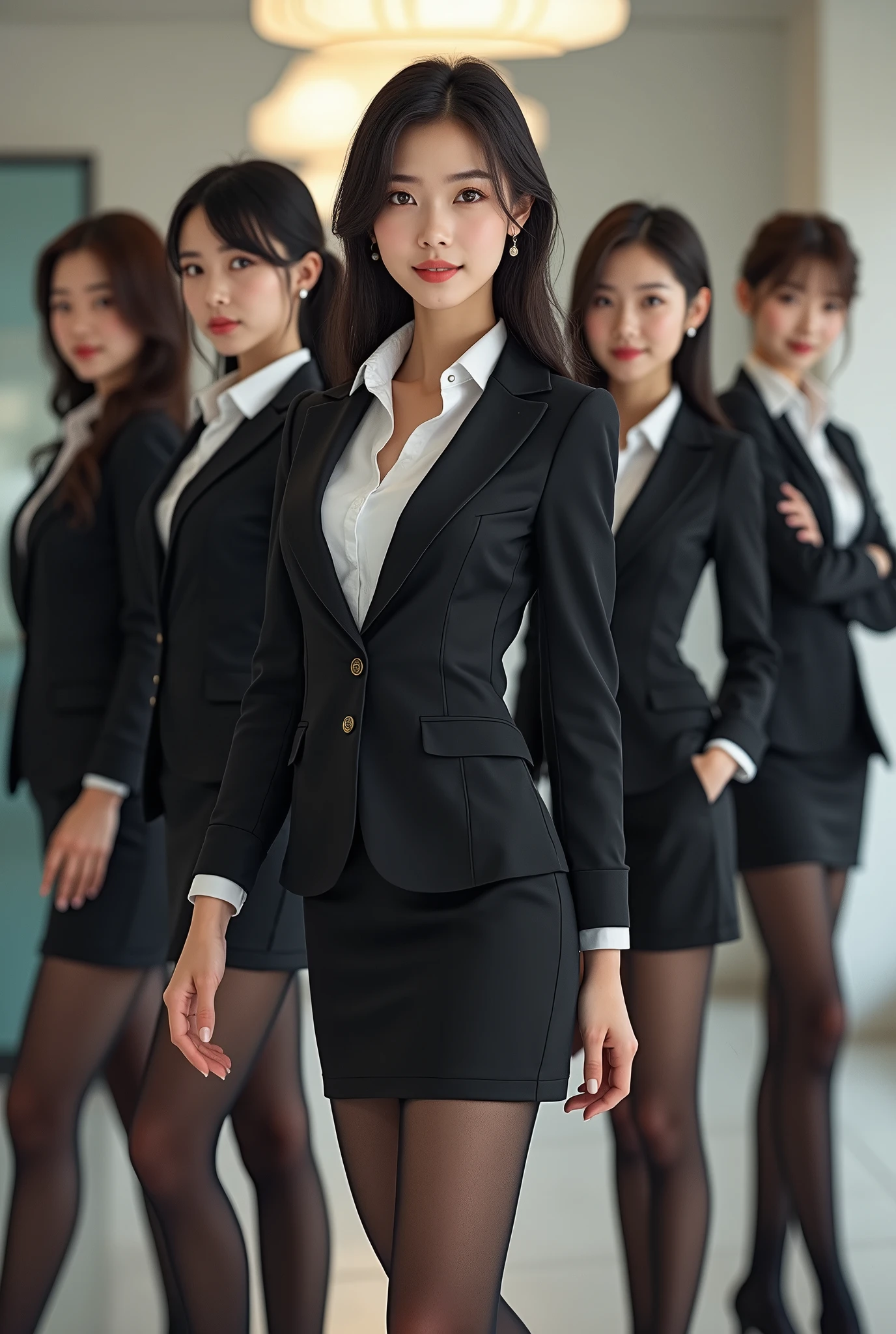 5 beautiful feet secretaries, They are both wearing black tights, One Japanese and one Korean, All in recruitment suits, Short tight skirt, Genuine, I like them all