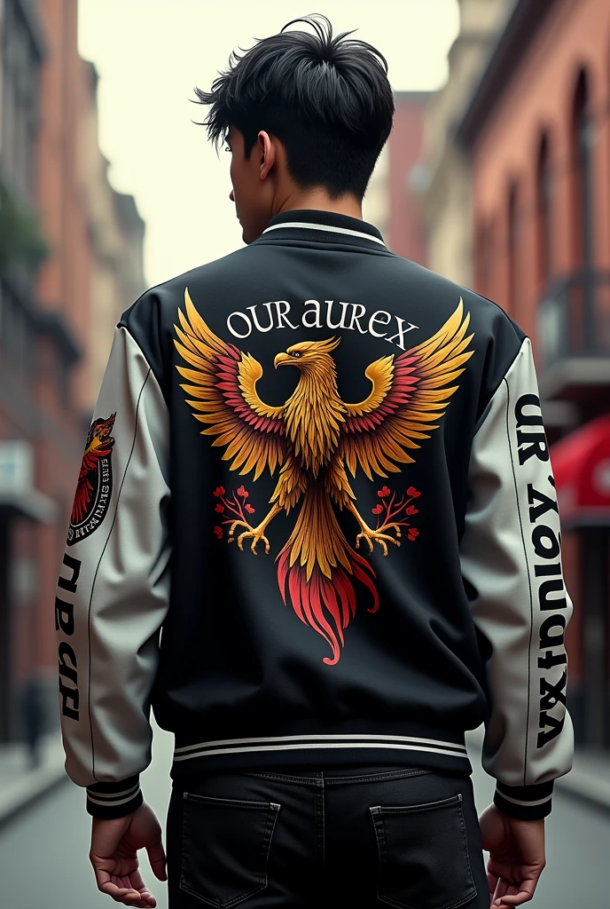 Varsity jacket. Back of the jacket has a Griffin and it looks like tattoo art for the front and there's also a Griffin and it also looks like tattoo art and you can use black white red and golden colors but it must be under 4K QUALITY don't make them childish it must be cool as ASAP. And before the arm you can put the sentence of our AUREX vertically from shoulder till the end of the arm longer