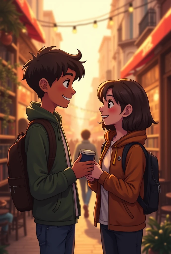 Create a image'
Dialogue:
Alex: "Oh no, I’m so sorry!"
Jamie: "No problem, I’m actually glad I bumped into you. I’ve been looking for that book!"