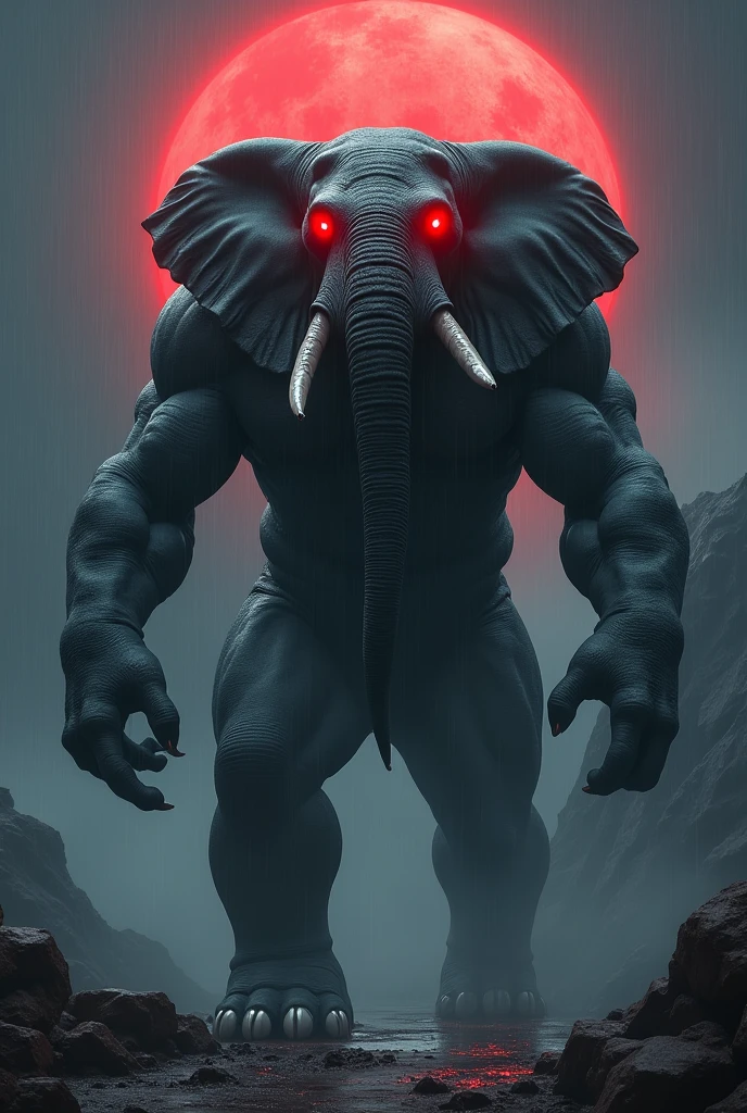 Elephant monster look with monster body and six packs and red eyes background in horror Night view moon colour is red with lightly rain