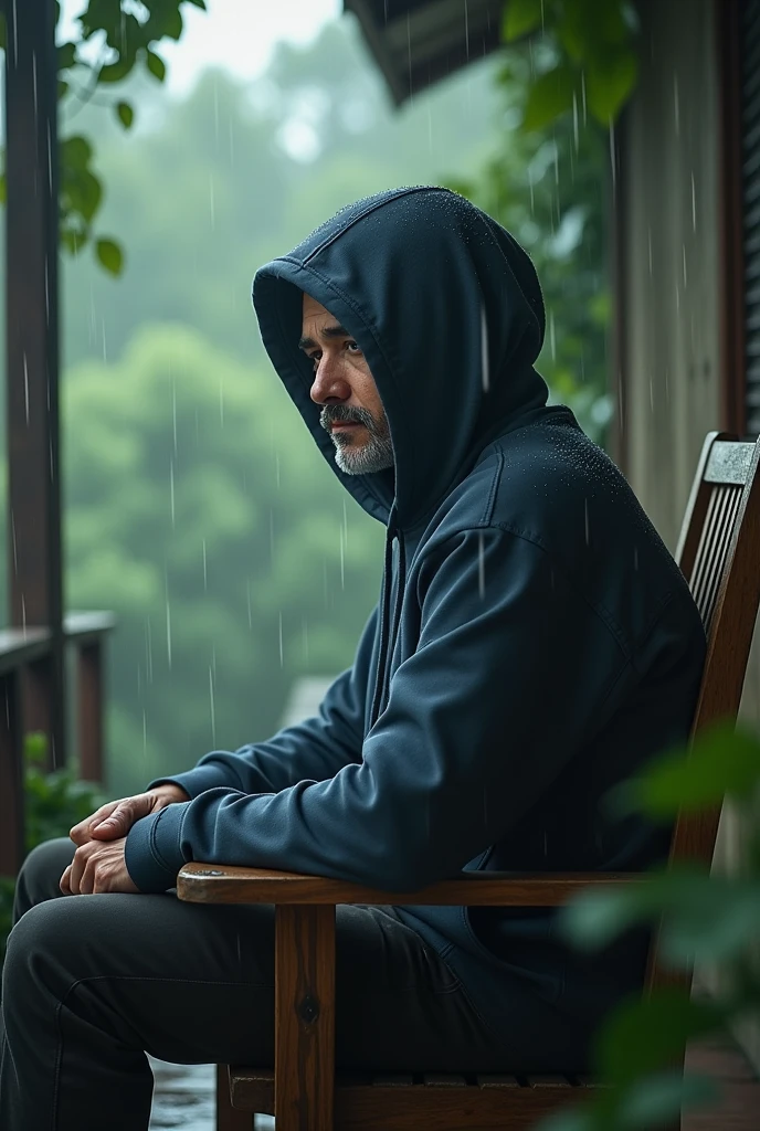 A man with hoodie sitting on a chair outside and looking at the rain
