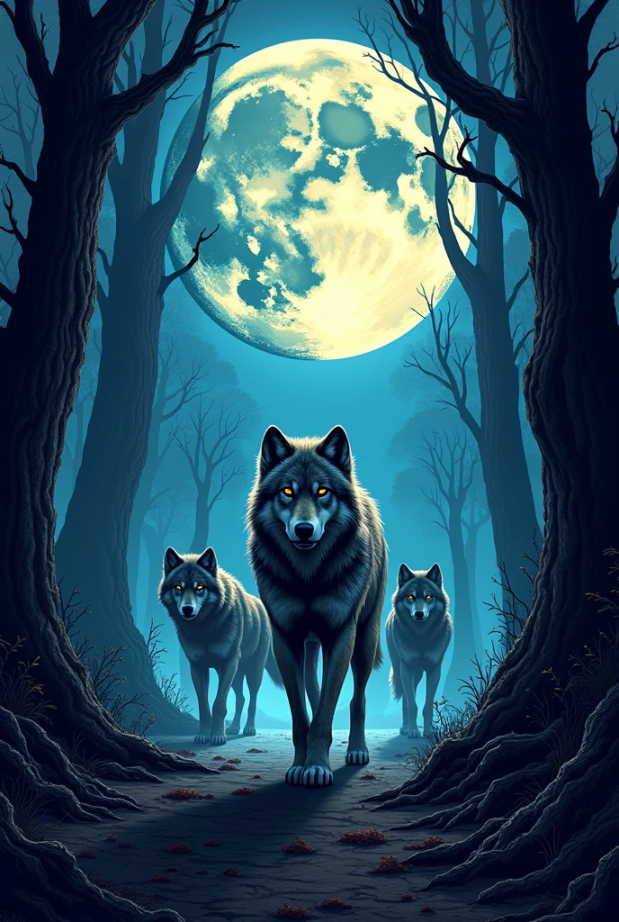 A tame wolf leading his pack into the darkness of the forest, the day is night and there is a huge moon in the sky, they are going left. In the background of the image you can see giant trees, I want the image to express suspense by containing vibrant and very striking colors., comic book style.