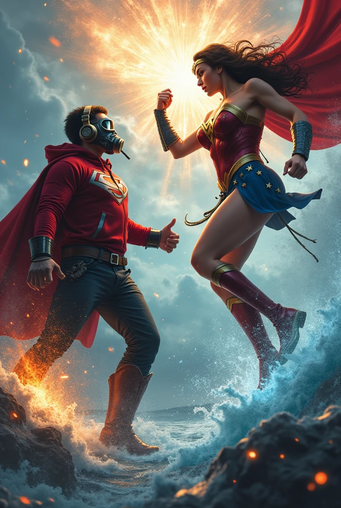 kid Star-Lord with red hoodie, Rocket boots, headphones, star-lord helmet, gas helmet, Covered mouth, Round & red eyes + Wonder woman, + Superman big breasts, perfect body, Busty, realistic, power, Kick, Attack, magic rings in the hands, Fighting, power, fiction, full body, 2 persons, magic lasso, hight, fall, fire in boots, powerful spells, realistic, war, ocean, spells, Cayendo del cielo, sleep
