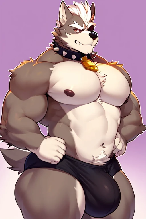Wolf O'Donnell, big butt, bara, solo, fluffy long wolf tail, , thick thighs, daddy, 4k, HI res, BARA pecs, 5 fingers, sweat, hd, brown eyes, masterpiece, big PECS, bulge, big bulge, masterpiece, mature male, manly, beefy, by sugaryhotdog, detailed bulge, detailed eyes, bedroom eyes, himbo, by darkgem, muscular, , huge butt, wide hips, narrow eyes, thick eyebrows, spike collar, , angry, annoyed, eye patch on left eye, full body, basic pose, scars all over body, very large pecs, strong physique, very muscular, perfect anatomy, strong jaw, giant biceps, anime style, 80s anime style, anime artstyle, huge hairy pecs, muscular, smirking, smug expression, priest clothing, Priest's Outfit