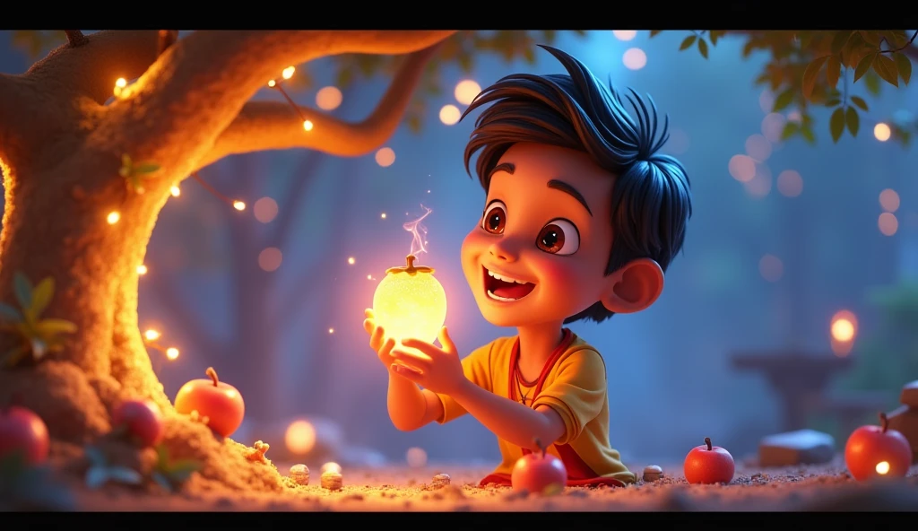 Mohan Eating the Magical Fruit
Mohan eagerly plucking and eating the glowing fruit from the enchanted tree. His face lights up with excitement as magical energy surrounds him, indicating the granting of his new powers.3d animated  