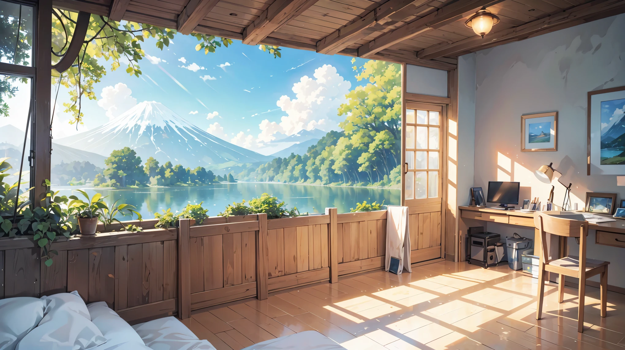 View of a forest with trees. a lake and a volcano in a spacious room with a large window and many windows, studio ghibli sunlight, cheered up background art, beautiful cheered up scene, I study Makoto Shinkai with ease, with natural light background, cheered up. Soft lighting, beautiful natural lighting, beautiful aesthetic art, beautiful cheered up scenery, interior background art, cheered up aesthetic, cheered up scenery, Bright interior photo in daylight