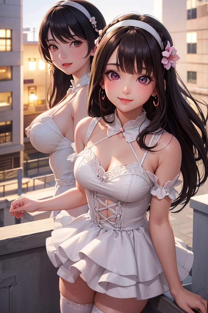 A beautiful girl in a short white and pink dress posing on a balcony, outside, night, (magical girl cosplay), fluffy layered skirt, thigh highs, big rounds breasts, dark brown hair, long bangs, french braid, long hair, wavy hair, shiny hair, hairclip, hair flower, big red bow for hair, red bow choker, aqua eyes, glowing eyes, pupils sparkling, beautiful detailed eyes, earrings, smile, blush, expressions, smiley, happy, red lips, high detail, anime, anime style, depth of field, cinematic lighting, natural lighting, dithering, image fill, multiple views, first-person view, perspective, panorama, Wide-Angle, f/1.8, 85mm, Sony FE, 8k, super detail, UHD, retina, masterpiece, accurate, anatomically correct, textured skin, high details, best quality, highres, 16k