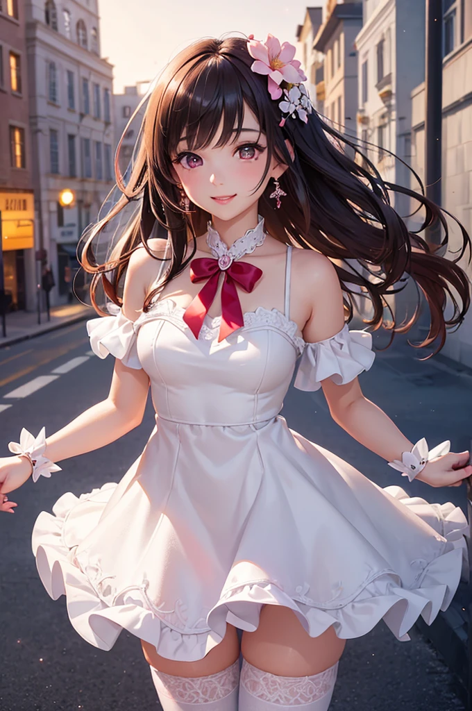 A beautiful girl in a short white and pink dress posing on a balcony, outside, night, (magical girl cosplay), fluffy layered skirt, thigh highs, big rounds breasts, dark brown hair, long bangs, french braid, long hair, wavy hair, shiny hair, hairclip, hair flower, big red bow for hair, red bow choker, aqua eyes, glowing eyes, pupils sparkling, beautiful detailed eyes, earrings, smile, blush, expressions, smiley, happy, red lips, high detail, anime, anime style, depth of field, cinematic lighting, natural lighting, dithering, image fill, multiple views, first-person view, perspective, panorama, Wide-Angle, f/1.8, 85mm, Sony FE, 8k, super detail, UHD, retina, masterpiece, accurate, anatomically correct, textured skin, high details, best quality, highres, 16k