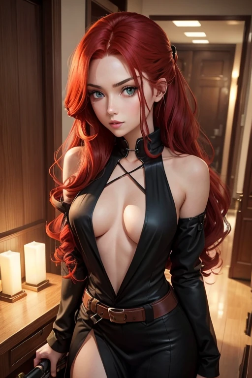 red hair girl, green eyes, long curly hair dressed as a sexy anime assassin