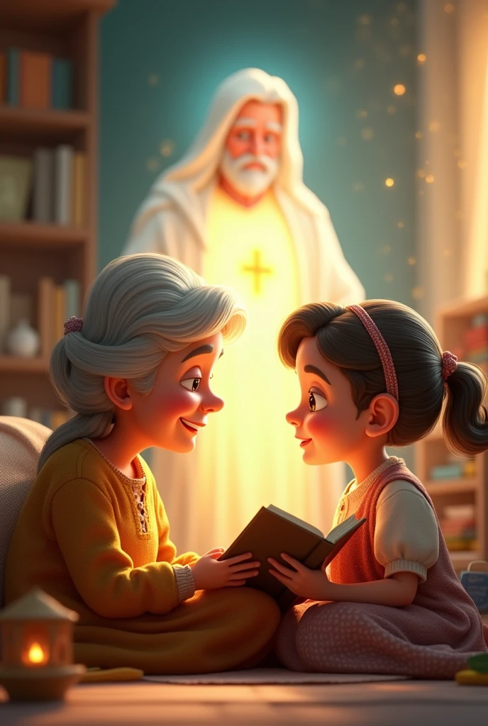 Create 3d cartoon character image of grandmother sitting with her Grand daughter create a realistic view of God in which God pic is also included and telling stories about God and granddaughter lost in this imagination