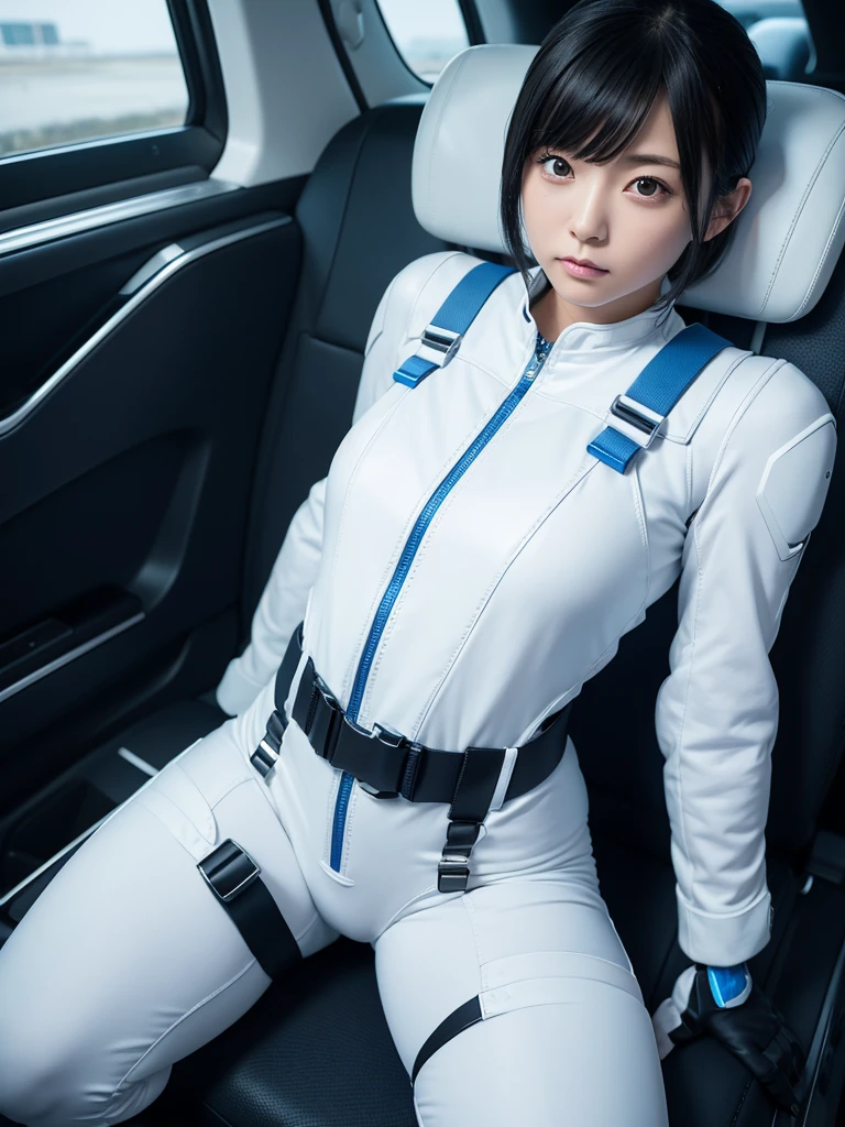 Japanese female android,White and blue steel robot suit,Wide-legged squats,Black Hair,Space capsule,I was completely strapped to the seat with a thick harness and couldn't move.,