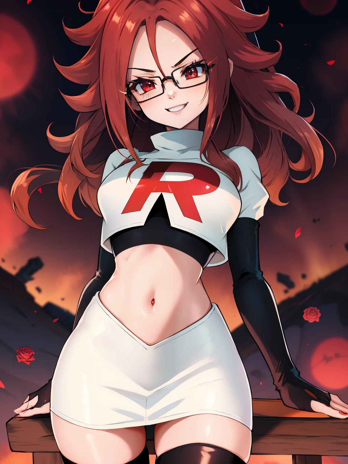 Android 21, team rocket uniform, red letter R, white skirt,white crop top,black thigh-high boots, black elbow gloves, sexy poses, peau rose, evil smiling, glasses, brown hair