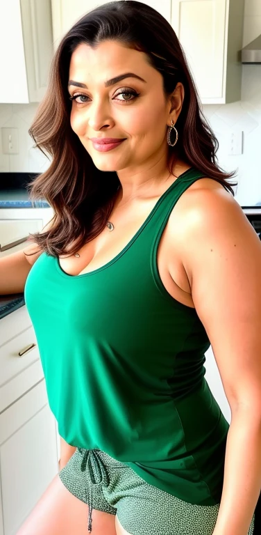 Full shot of sexy mature milf ,aishwarya rai Instagram photo, 4 woman geena, wearing green Tank top and shorts, curvy, bokeh, kitchen, taken on iphone 15, slight smile sunkissed, sunlight,curvy, sexy figure, glowing eyes,happy charming face,side view