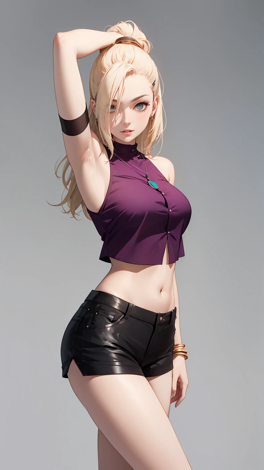 yamanaka ino, purple crop top, sleeveless, shaved armpits, long blonde hair, bangs, masterpiece,
BREAK (off-shoulder shirt, shorts, jewelry, pendant:1.2),
BREAK full bodyesbian,Standing on the ground,Slim,long leges,Stand up straight,nothing background,Slim,extra long leg,A sagging breast,arms behind back,
BREAK ((top quality, 8k, masterpiece: 1.3, ultra hd, high quality, best quality, high definition, realism)), sharp focus: 1.5, Beautiful woman with Slim body, (perfect hands, perfect anatomy),