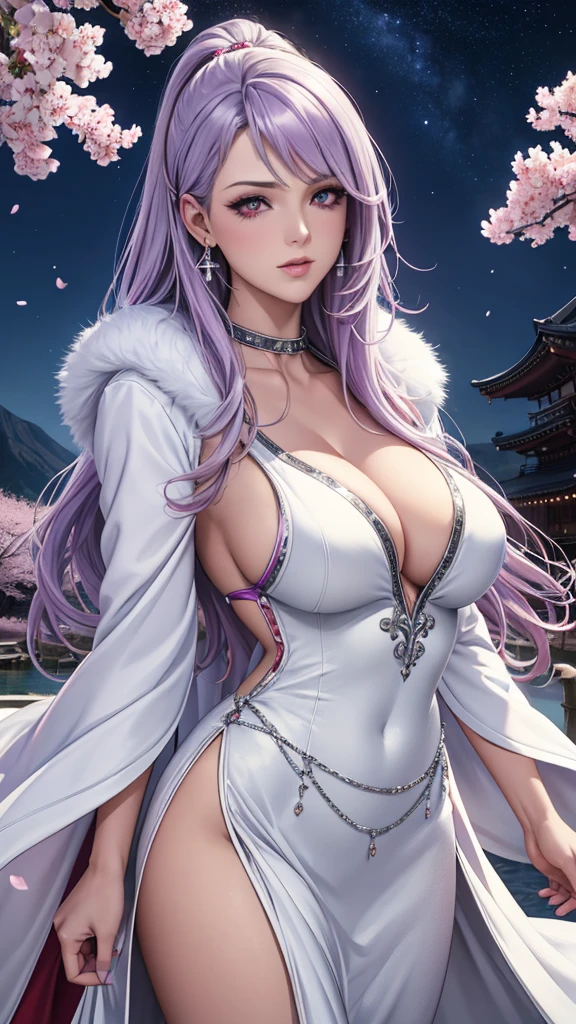 red eyes, (highest quality, masterpiece painting:1.3), immature woman, , (half body shot), masterpiece, ultra high resolution, (Photoreal:1.0), ((light purple hair)),straight hair, beautiful shining hair, white and shining skin, ((Ultra realistic details)), octane rendering, highly detailed face, (big breasts:0.8), (make a heart with hands), ((White gold sequin long dress studded with silver, white fur coat)),Gift Ribbon,More about neon colors,Put it in a nice photo frame and display it,Blue Nails, open neckline, cleavage, perfect body, soft skin, White cherry blossom embroidery pattern, silver earrings,(milky way galaxy), Hair flutters under the influence of the wind, Japanese garden with beautiful cherry blossoms at night, Mysterious night sky, Beautiful Landscapes, sharp focus, intricate details, professional artwork, (bright colors:1.1), bright colors, diffused lighting, digital blending, ultra-definition body, ultra detail hair, super detailed face, that'It's trending on pixiv, top button open, Cute gaze, compensate, perfect lips, perfect compensate, Ultra-precision coating, (light_smile:0.8), (Very embarrassed:1.2), blush your nose,