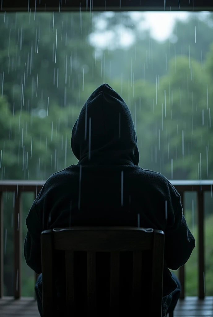 A man with hoodie sitting on a chair outside and looking at the rain. And his face don't appears on the screen