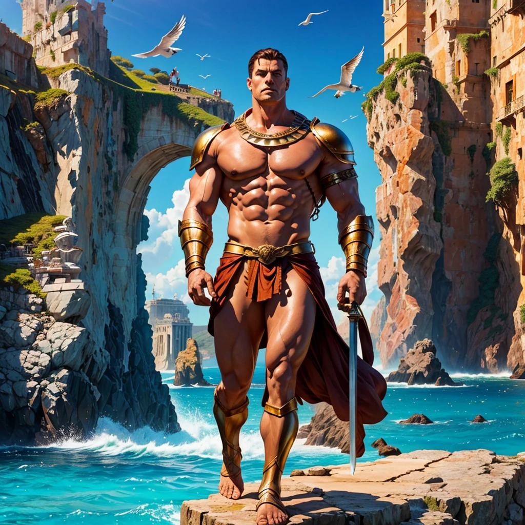 8k image, super realistic, One Giant Muscle Colossus of Rhodes All in bronze, looking at ocean with legs spread on two rocks and the sea passing between your feet, holding one sword of Conan with his right hand, with gladiator armor on ful body, with head gladiator armor, perfect face, perfect hands, at the entrance to the port of Santos in the country Brazil, with perfect naked womans on the beach, with perfect seagulls flying in the background, boats passing between the legs of the Colossus of Rhodes. Sunny day.
