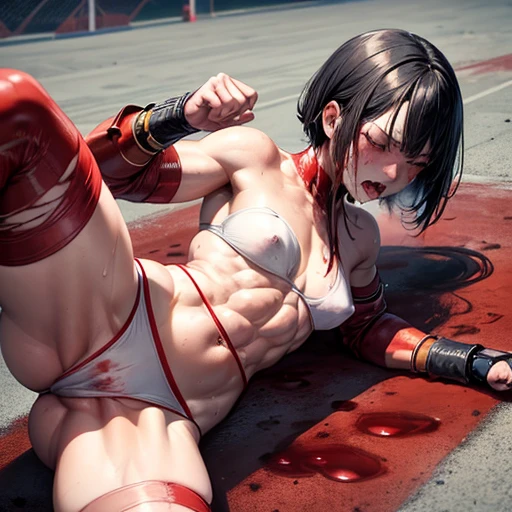 two (bloody) beautiful Japanese female fighters are fighting in the octagon fighting ring of underground arena with audience. a fighter is punching into another fighter who is lying down and crying. they are covered in (blood) and (bruises) , (Intense violence). her face is distorted and bloodied by opponent's attack. they are damaged terribry. Short-cut black hair, out of breath, drooling from mouth, one eye is closed, exhausted, drenched in sweat. Erect nipples. open finger glove. naked, high-leg panty, Stockings. armwarmers. small breasts, Whittled waistline, muscular, sixpack abs