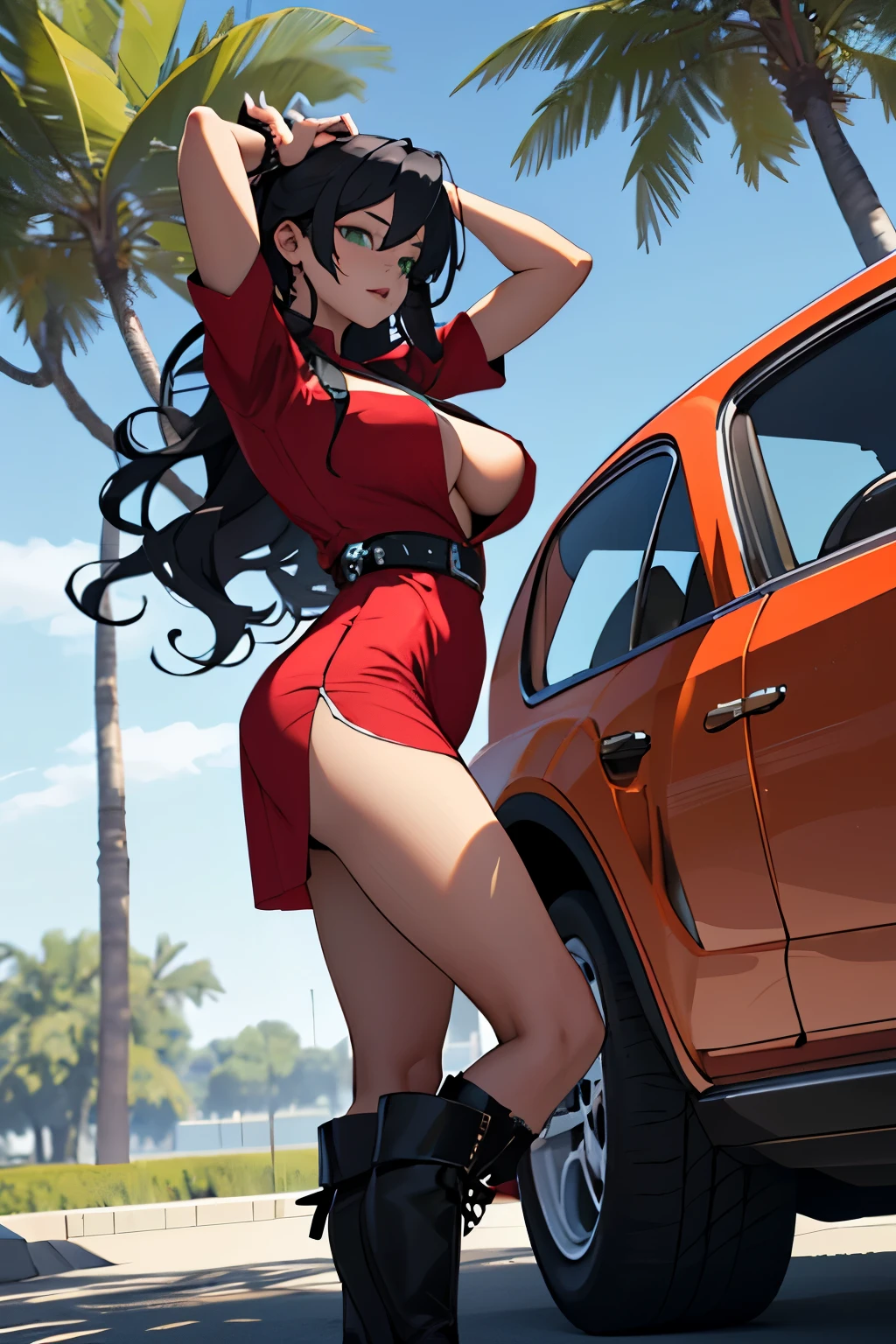 Create a 3d type of 1 anime girl with a red short skinny dress. Black long silky curly hair covering part of her left eye. Her right arm pumping up the boobs. She standing in a 3D view showing us her medium round ass. Seated on a green tree branch with her left leg up, wearing short black reflector boots. In the background there is a sky blue chrome color Bugatti parked 
in a 3D view with one of it's doors open.
Place Renji besides her 