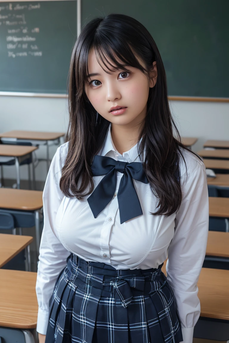 (plump big breasts,constricted waist:1.3),Browsing Caution,Highest quality,Ultra-high resolution,1 person,whole body,Black hair, cool expression,Looking into the camera,Beautiful and elaborate face,Fine and beautiful skin,Skin Texture,high school student,uniform,Checked mini skirt,Classroom after school,Standing pose