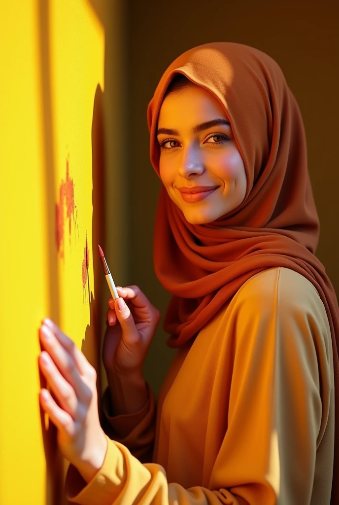 Show me a landscape image of a brown woman face covered with niqab and hijab painting a yellow wall of a room excitedly