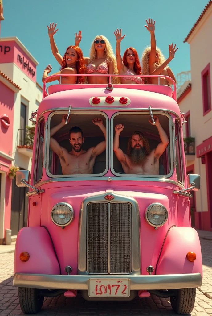 (photorealism:1.2), One pink bus with some beautiful blonde and redhead girls wearing sexy lingerie and only one naked man with a long black and gray untrimmed beard who is has a extreme sexual pleasure expression on his face, moaning with extreme pleasure, inside, all waving at the viewer, is parked in front of a pink public bus in a pink spanish small town with pink buildings, there's a sign in the wall of the bus with the word "Mujereslandia" and big red signs of 💋 on very wall, realistic, intricate details, warm colors, by Greg Rutkowski, by Alphonse Mucha