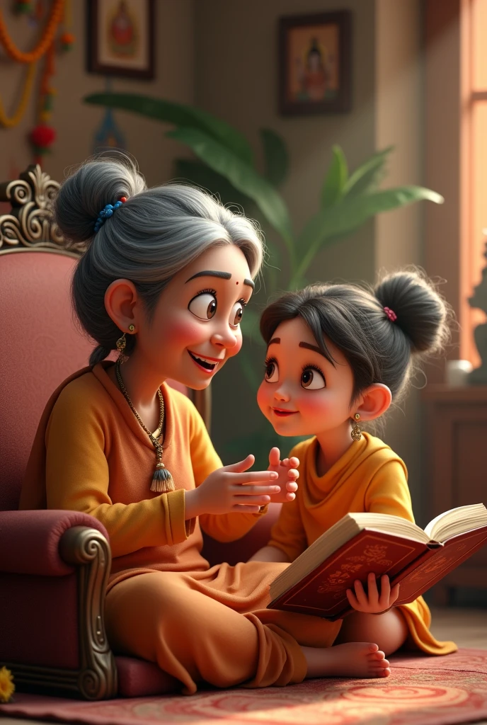 Create 3d  cartoon character image of grandmother sitting with her Grand daughter create a realistic view of God in which hindu
 God pic is also included and telling stories about God and granddaughter lost in this imagination 