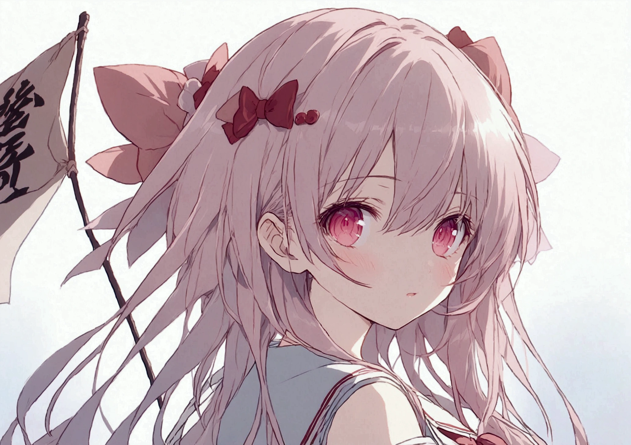 create a banner with a cute and happy anime girl with long pink eyes and hair with a red bow on the back of her head with the writing " AnimeSekaide" At the bottom of the banner