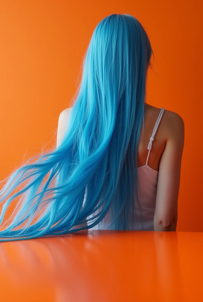 foreground, a world of blue hair on an orange table