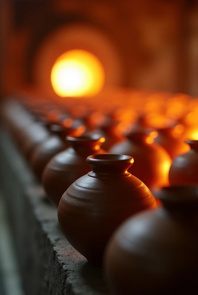 masterpiece , Highest quality , Shot with a 100mm lens , Beautiful bokeh , Pure Japanese style , Pottery Studio ,Inside the furnace ,1200 degrees in the flames , There are many earthenware pots lined up in the middle of being fired. , (national treasures)