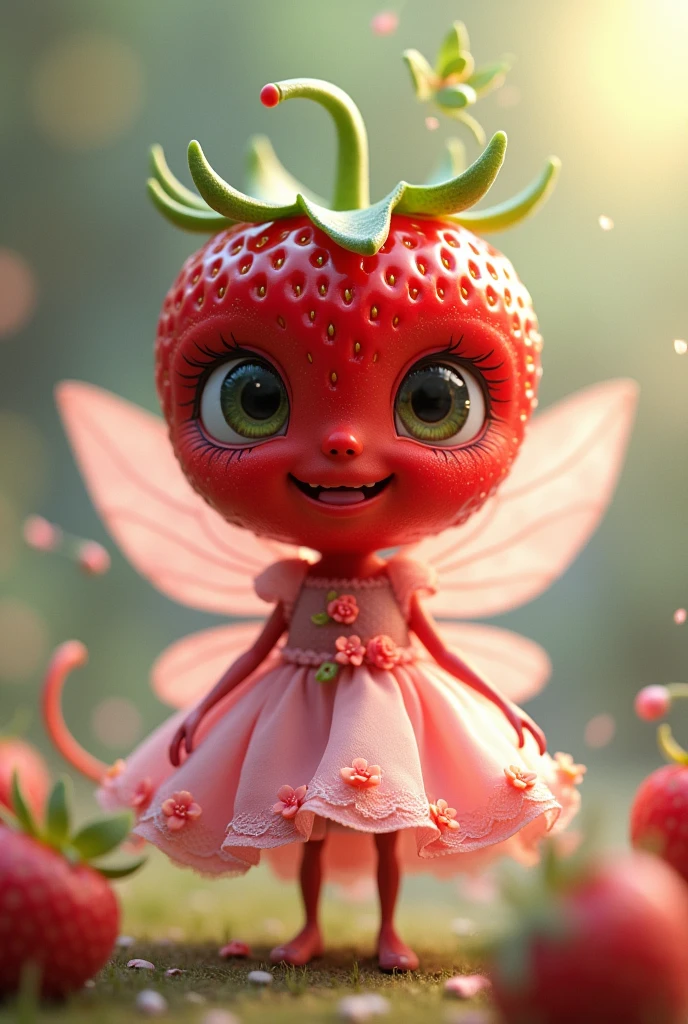 Strawberry that has eyes with pink dress and wings