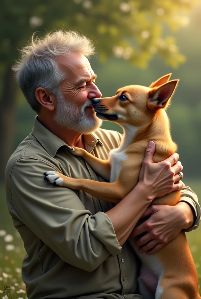 A men holding a dog
