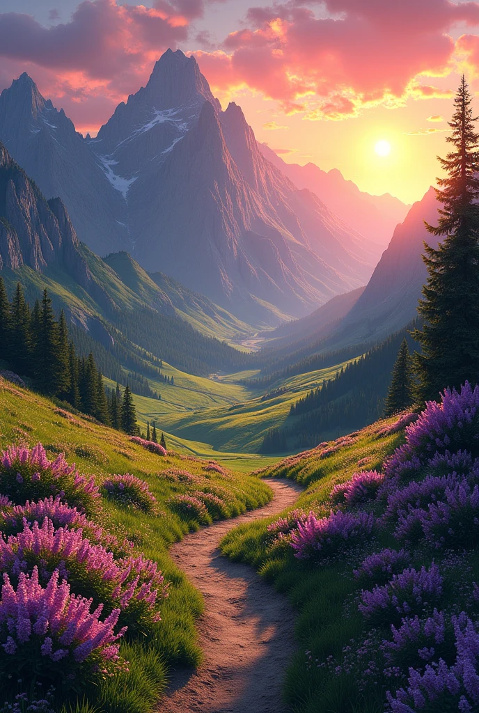 The image is highli detailed and realsticea mountain range at sunset. The sky is filled with vibrant colors of orange, pink, and purple, with the sun setting in the distance. The mountains are covered in green grass and trees, and the valley below is covered in pink and purple flowers. In the foreground, there is a dirt path winding through the valley, leading to the mountains. The overall mood of the image is peaceful and serene, with a sense of awe and wonder at the beauty of nature.