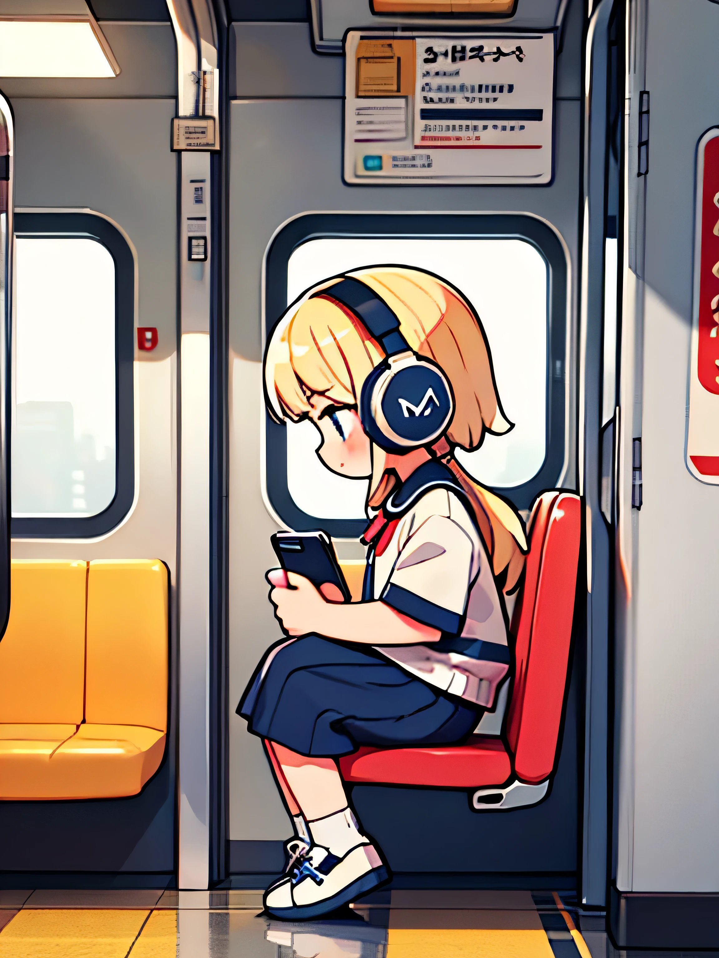 1 girl, building, On one side, Headphones, smartphone, Wide range, Blonde, profile, alone, train, sit, smartphoneを手に持つ, Facing forward, uniform