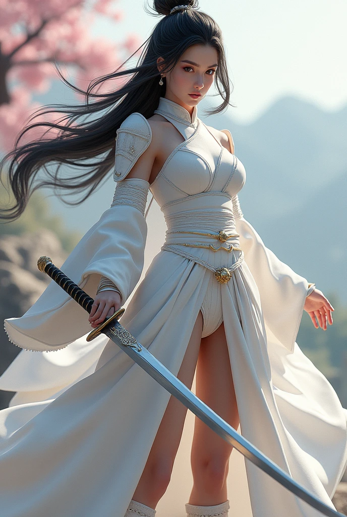 White samurai girl with long black hair holding a sword and very big breasts