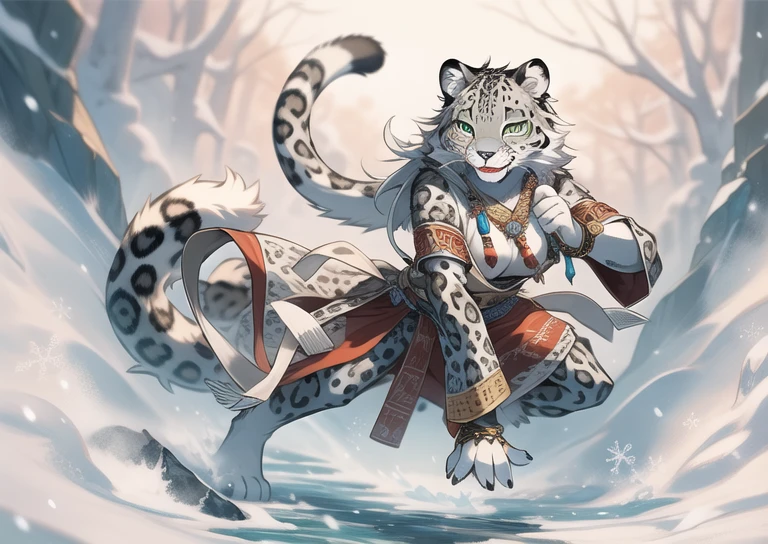 snow leopard, human nature, Furry, Miss, Miss化的, Fur, detailed Fur
masterpiece, best quality, the art of mathematics, (actual:0.3), cartoon, Detailed route, High resolution, visually stunning
(detailed lighting, Depth of Field:0.9), detailed color, Colorful、perfect hands, Detailed hands
(Fair, cute, Fluffy:1.2), detailed body, Perfect breasts, 1 girl, alone, Smiling outdoors, nature, Tribal accessories, tribal clothing,bright green eyes,Detailed full body concept in hunting pose