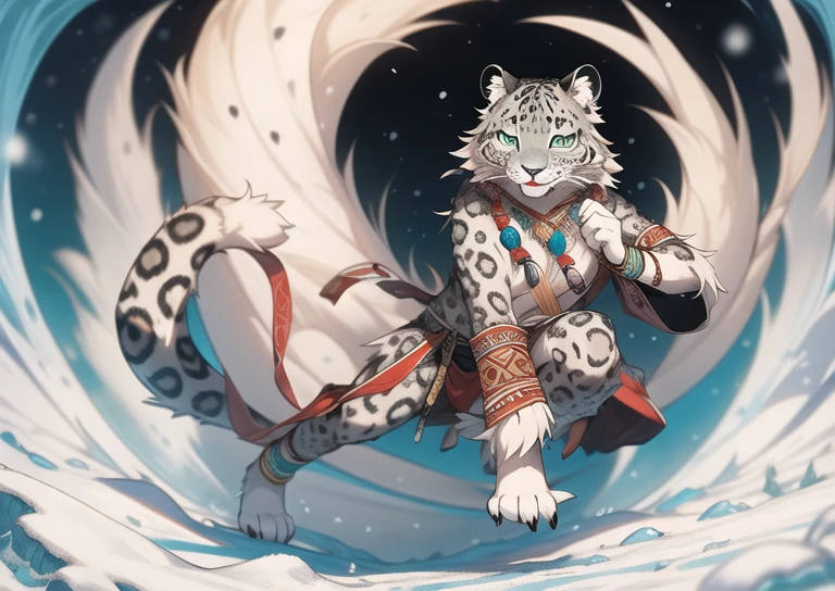 snow leopard, human nature, Furry, Miss, Miss化的, Fur, detailed Fur
masterpiece, best quality, the art of mathematics, (actual:0.3), cartoon, Detailed route, High resolution, visually stunning
(detailed lighting, Depth of Field:0.9), detailed color, Colorful、perfect hands, Detailed hands
(Fair, cute, Fluffy:1.2), detailed body, Perfect breasts, 1 girl, alone, Smiling outdoors, nature, Tribal accessories, tribal clothing，bright green eyes，Detailed full body concept in hunting pose