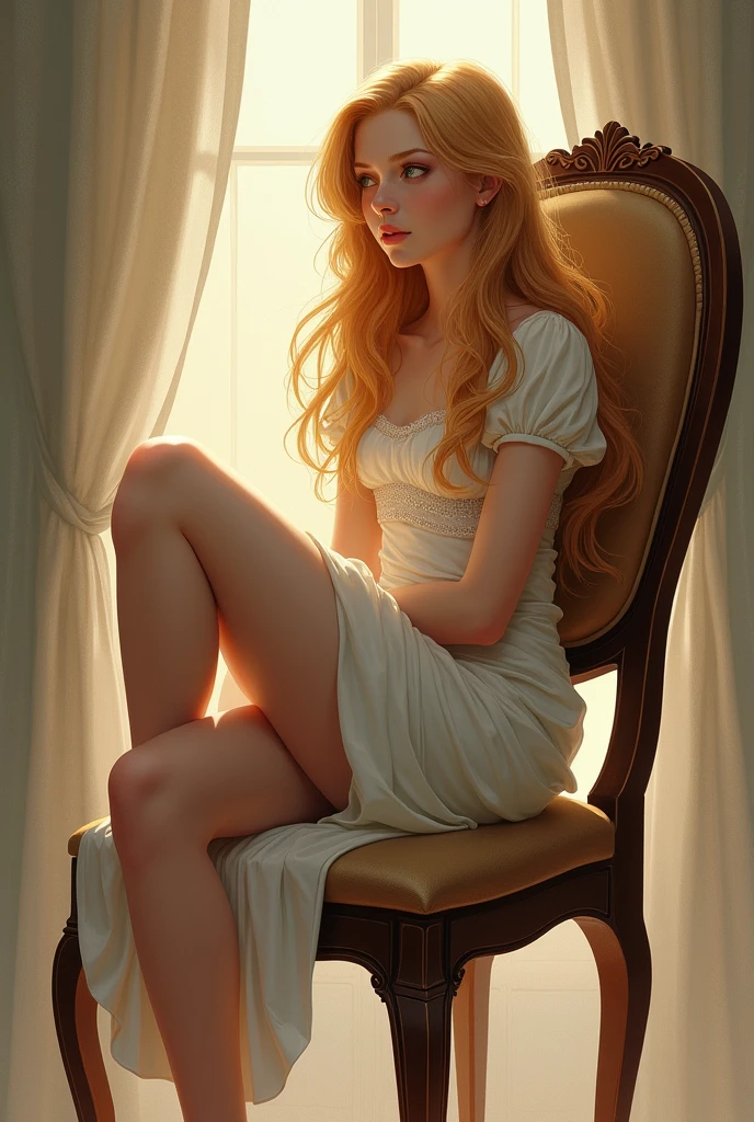 Girl with golden hair sitting on chair with crossed legs
