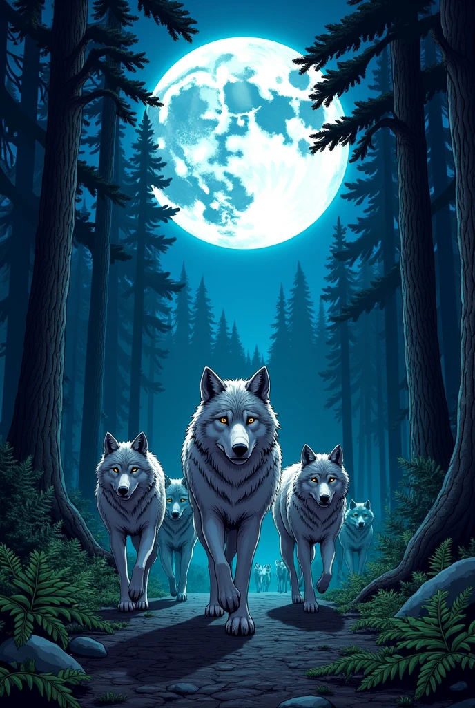 A tame wolf leading his pack into the darkness of the forest, the day is night and there is a huge moon in the sky, they are going left. In the background of the image you can see giant trees, I want the image to contain vibrant and very eye-catching colors, comic book style. 