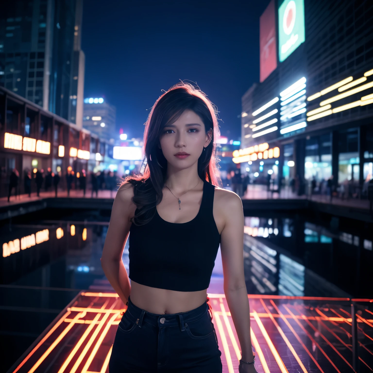 Create a vibrant EDM album cover featuring a futuristic cityscape at night. The skyline should be illuminated by neon lights in shades of electric blue, purple, and pink, casting reflections on the sleek, metallic surfaces of the buildings. In the foreground, a silhouette of a DJ stands at a turntable, with soundwaves and geometric shapes radiating from the center, symbolizing powerful beats. The sky is filled with abstract, swirling patterns and pulsating light trails, adding a sense of motion and energy. The overall design should convey the intensity and excitement of an EDM experience.