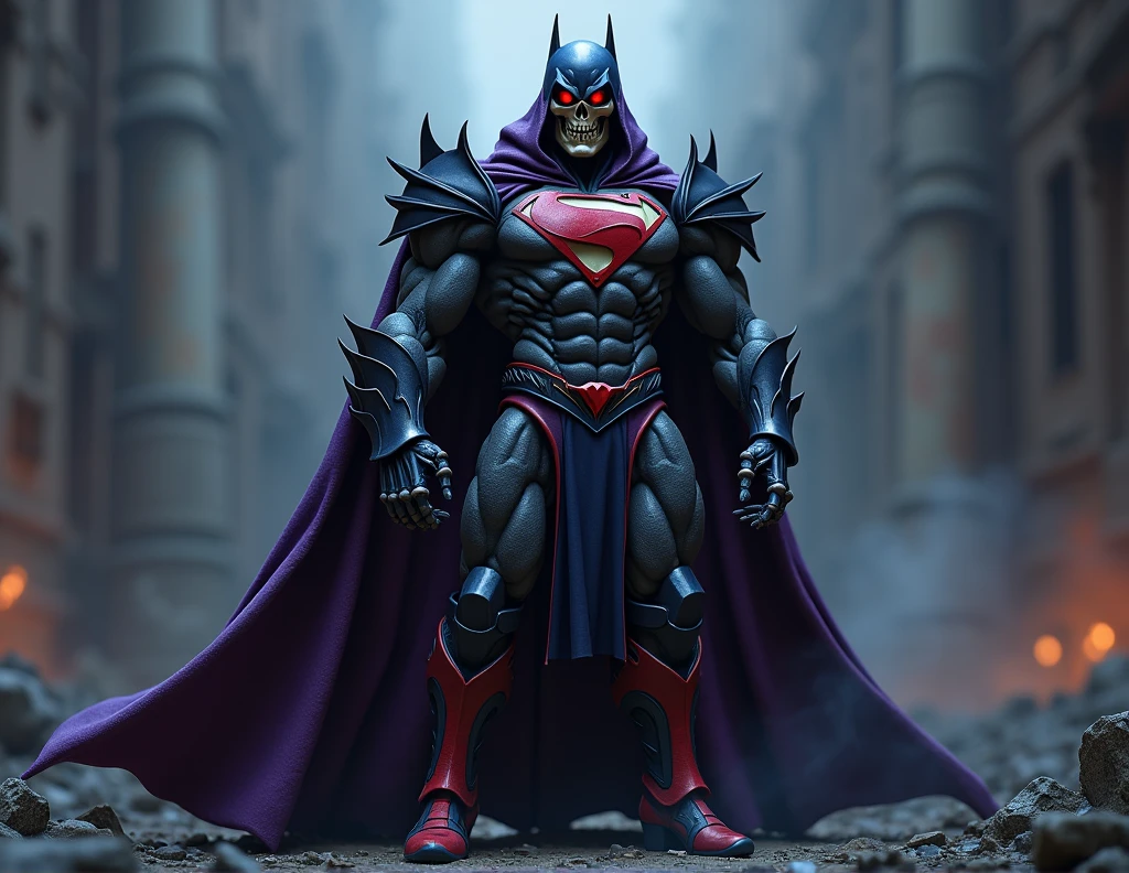 A 8K masterpiece depicting a terrifying yet powerful superhero with a skull-like face resembling Skeletor's, complete with pointy ears like Batman's. His eyes glow with Superman's iconic red intensity. A black mask covers his head, revealing skeletal details akin to Skeletor's. The hero's muscular physique, inspired by Superman's, boasts broad shoulders and an athletic build.

A bat symbol on his chest, reminiscent of the one on Batman's suit, replaces Superman's S logo. His costume features a cape in shades of Skeletor's purple, adding a dark and mysterious atmosphere. The armor-like attire combines black, blue, and purple hues.

The hero's arms and legs are adorned with skeletal details and armor pieces inspired by Skeletor's bone structure. Red boots with high heels, similar to Superman's, feature pointed guards like Batman's. This superhero stands as a formidable figure, balancing Skeletor's terror, Superman's power, and Batman's dark mystique.