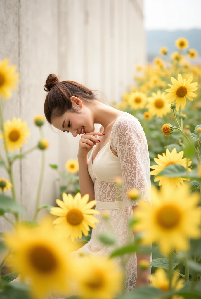 (Highest quality:1.4),(masterpiece:1.4),(Realistic:1.4),(Realistic:1.2),(超High resolution, RAW Photos:1.4),(High resolution, Very detailed:1.2),(8k:1.2),photograph,(Shot from behind:1.3)、Korean women、brown hair photos,One Woman,alone,(In underwear),Very large breasts,((Thigh to head shot:1.3))、(((topless、You can see her large breasts from the side.)))、((Toothy smile))、((Very large breasts:1.4))、Realistic skin textures、Slightly freckled、Slender figure、Realistic skin textures、((background,Concrete wall:1.3)),(topless,The breast is visible from the side:1.6),(Long lace slip,White)、3 woman、The angle at which the nipple is not visible、((Updo long hairstyle))、((Black,Long lace slip:1.4))、Correct toes、Detailed facial features、Long slip covers the buttocks and soles of the feet、Long slip covers your butt、
