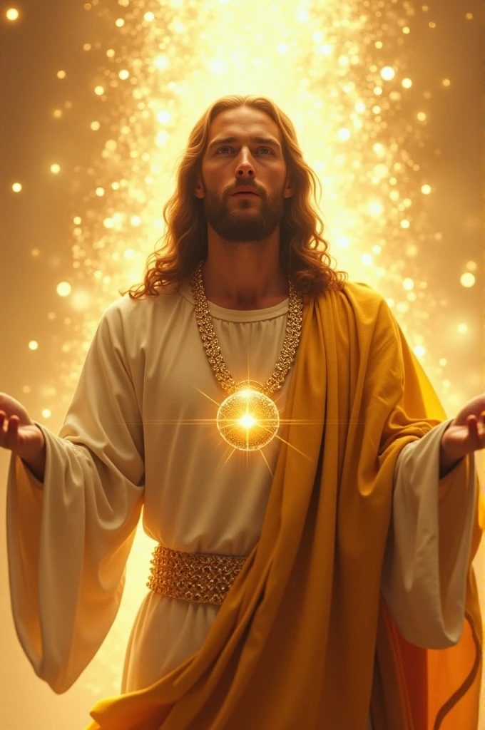 A beautiful Jesus is a very beautiful figure dressed in diamond gold Create the most beautiful professional photos Make photo like god pouring gold diamond from sky A beautiful diamond chain should be worn by GodIt is as if God holds a world in His hands