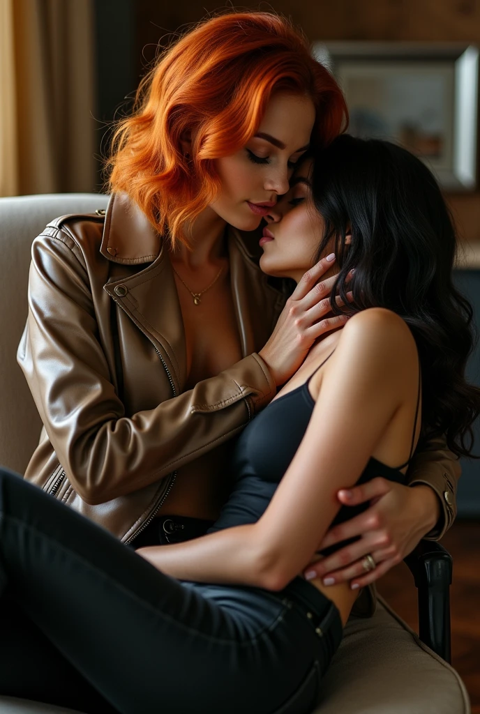 A ginger girl in leather trench coat and pants with her head on the shoulders of her shy girlfriend that sits on her thigh on a chair, taking a realistic photo while hugging and touching boobs and licking neck