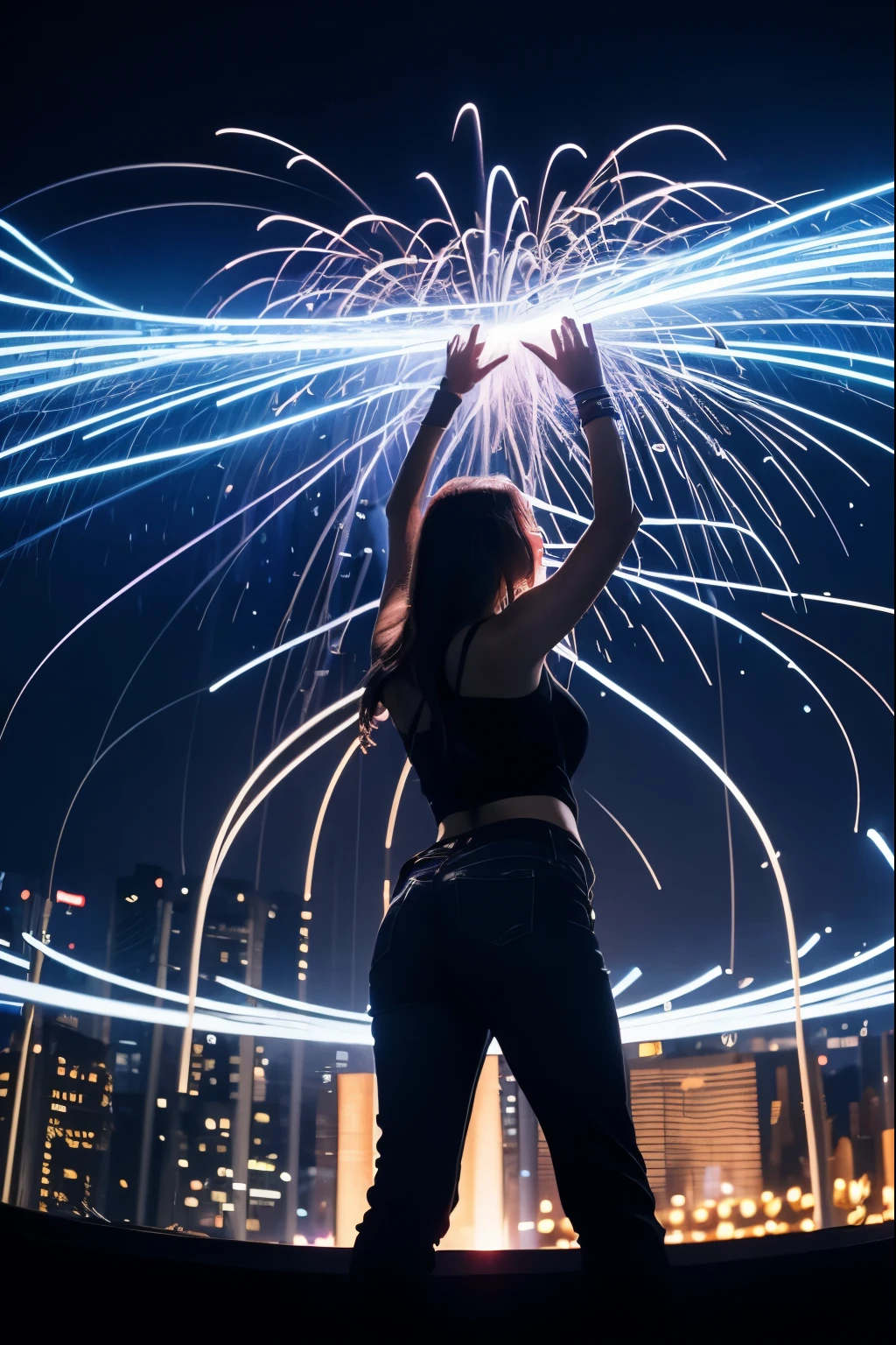 Create a vibrant EDM album cover featuring a futuristic cityscape at night. The skyline should be illuminated by neon lights in shades of electric blue, purple, and pink, casting reflections on the sleek, metallic surfaces of the buildings. In the foreground, a silhouette of a DJ stands at a turntable, with soundwaves and geometric shapes radiating from the center, symbolizing powerful beats. The sky is filled with abstract, swirling patterns and pulsating light trails, adding a sense of motion and energy. The overall design should convey the intensity and excitement of an EDM experience.