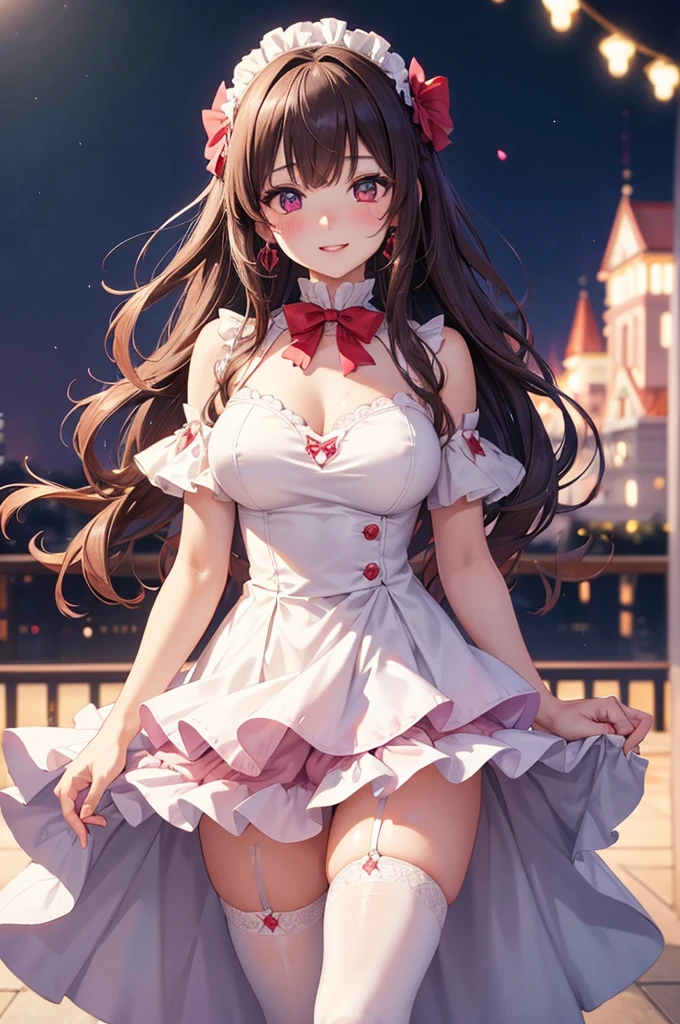 A beautiful girl in a short white and pink dress posing on a balcony, outside, night, (magical girl cosplay), fluffy layered skirt, thigh highs, big rounds breasts, dark brown hair, long bangs, french braid, long hair, wavy hair, shiny hair, hairclip, hair flower, big red bow for hair, red bow choker, aqua eyes, glowing eyes, pupils sparkling, beautiful detailed eyes, earrings, smile, blush, expressions, smiley, happy, red lips, high detail, anime, anime style, depth of field, cinematic lighting, natural lighting, dithering, image fill, multiple views, first-person view, perspective, panorama, Wide-Angle, f/1.8, 85mm, Sony FE, 8k, super detail, UHD, retina, masterpiece, accurate, anatomically correct, textured skin, high details, best quality, highres, 16k