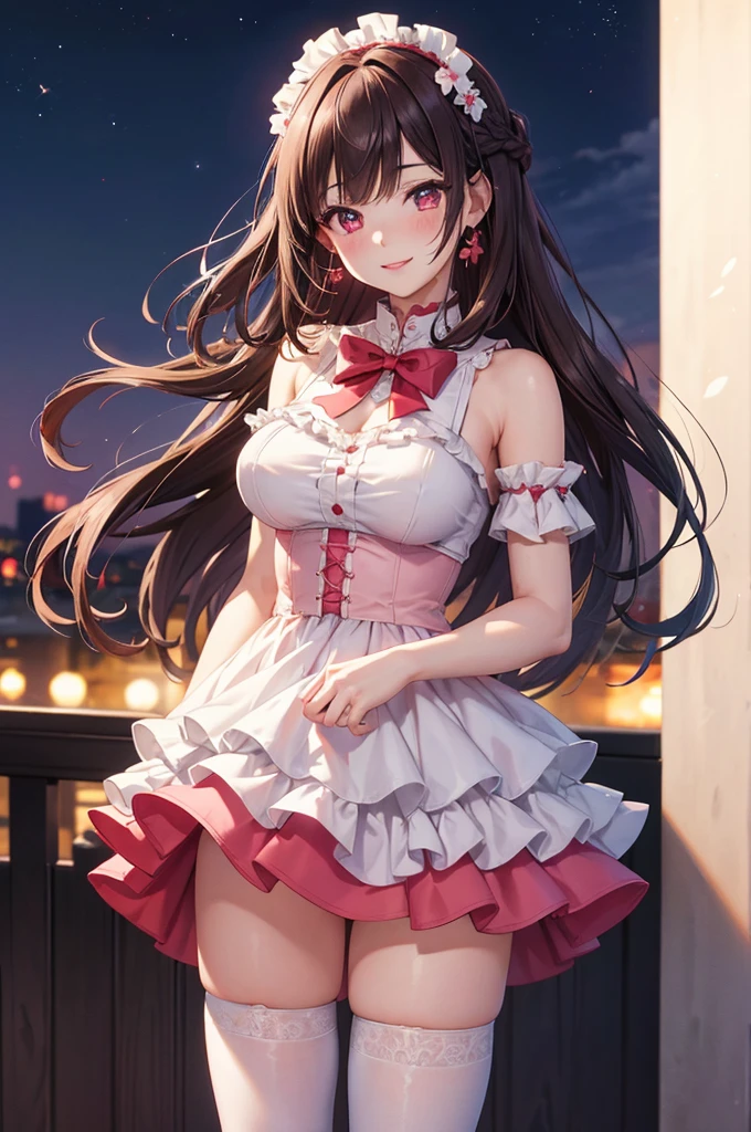 A beautiful girl in a short white and pink dress posing on a balcony, outside, night, (magical girl cosplay), fluffy layered skirt, thigh highs, big rounds breasts, dark brown hair, long bangs, french braid, long hair, wavy hair, shiny hair, hairclip, hair flower, big red bow for hair, red bow choker, aqua eyes, glowing eyes, pupils sparkling, beautiful detailed eyes, earrings, smile, blush, expressions, smiley, happy, red lips, high detail, anime, anime style, depth of field, cinematic lighting, natural lighting, dithering, image fill, multiple views, first-person view, perspective, panorama, Wide-Angle, f/1.8, 85mm, Sony FE, 8k, super detail, UHD, retina, masterpiece, accurate, anatomically correct, textured skin, high details, best quality, highres, 16k