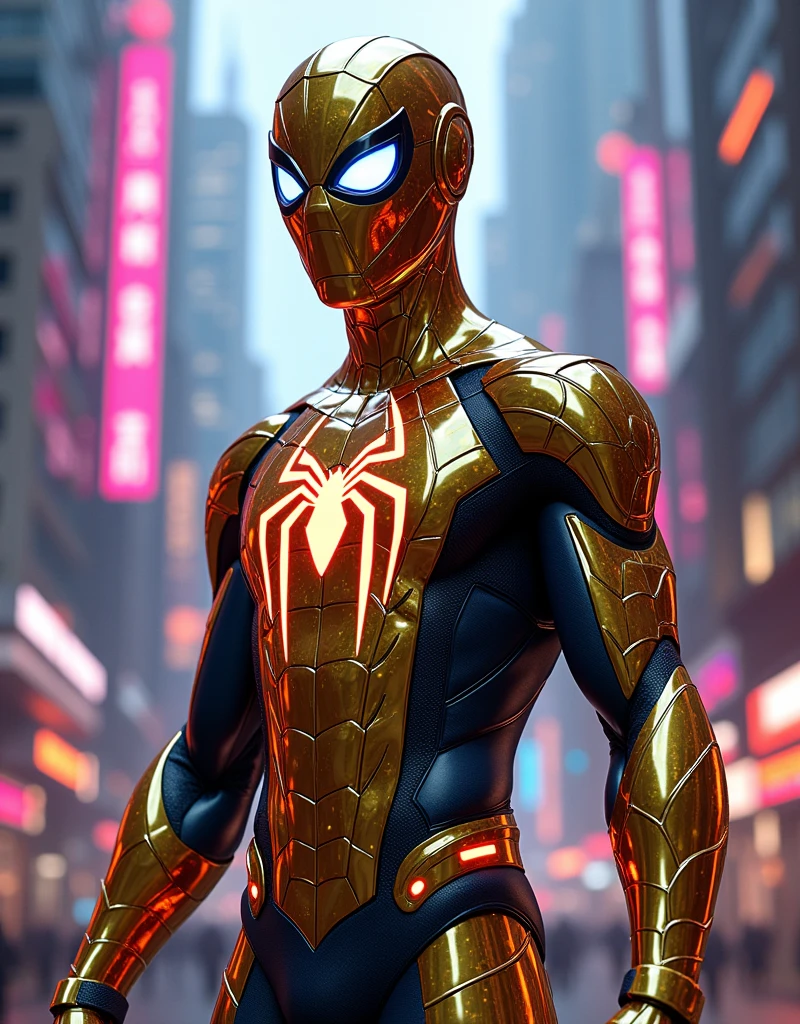 Spiderman with iron man futuristic vine and gold marble glossy costume in the cyberpunk neon city