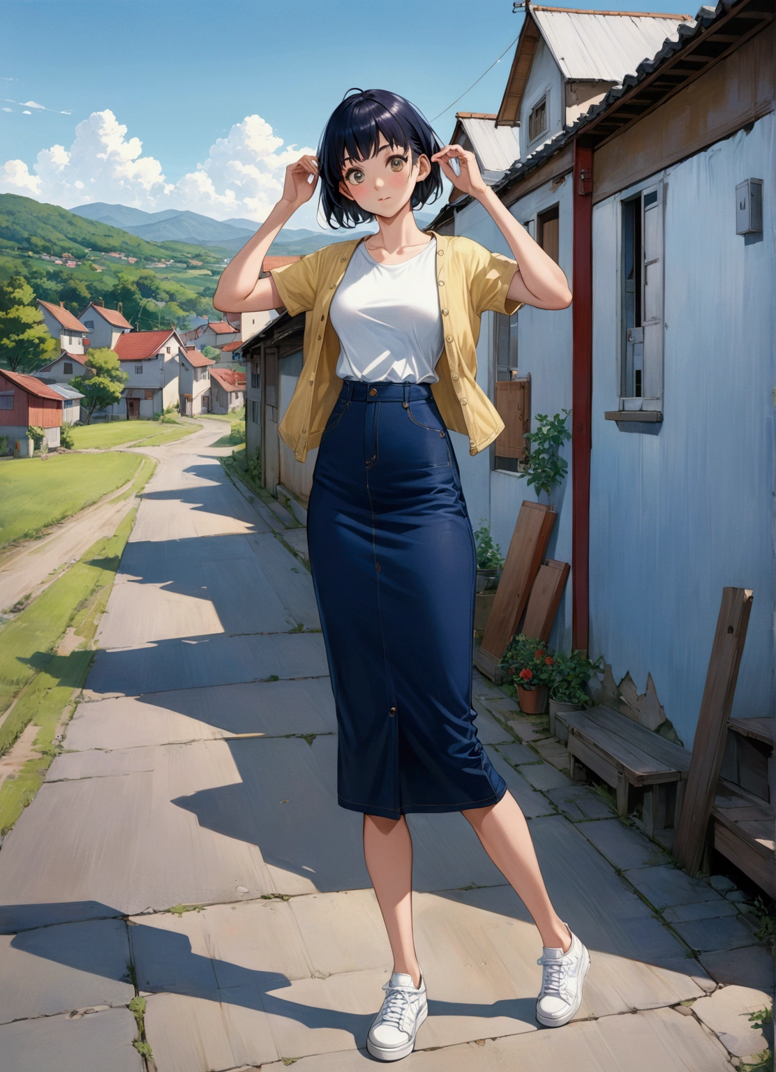 realistic anime illustration of pixie cut woman is posing at rural town on nice sky, wears pastel yellow, white t-shirt, navy-blue denim pencil midi skirt, white sneakers, (1girl, solo, full body), (masterpiece, best quality, japanese anime style), (expressive eyes, perfect face, perfect body)